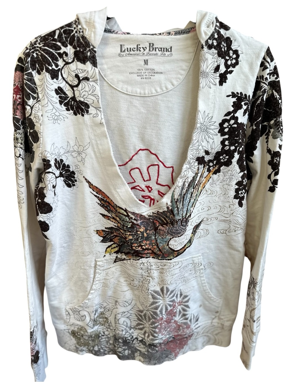 Lucky Brand Y2K Pullover Hoodie Asian Print Velvet Embroidered Distressed M